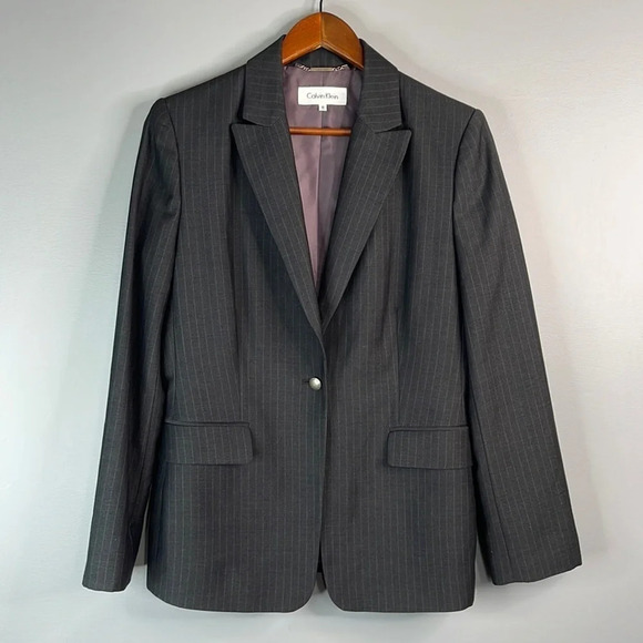 CALVIN KLEIN Pinstripe Structured Blazer Single Breasted Dark Grey Preppy Size 8 - Picture 12 of 12